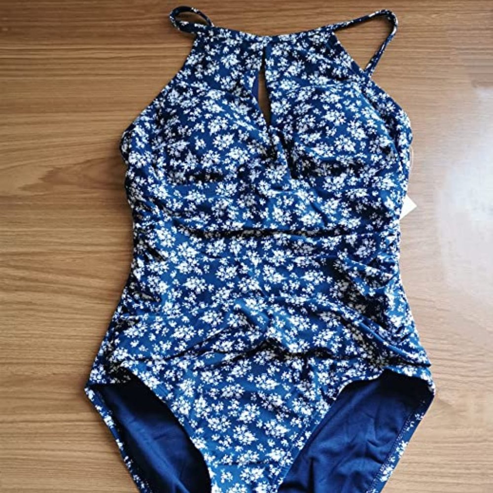 Womens One Piece Blue Swimsuit Floral Print Ruching Slimming Size Large